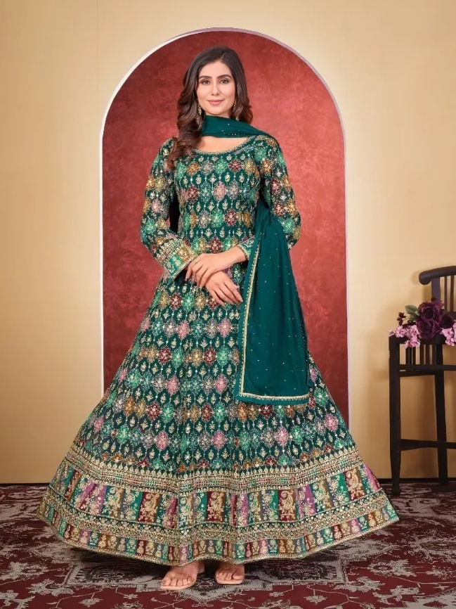 Green Georgette Embroidered Anarkali Suit