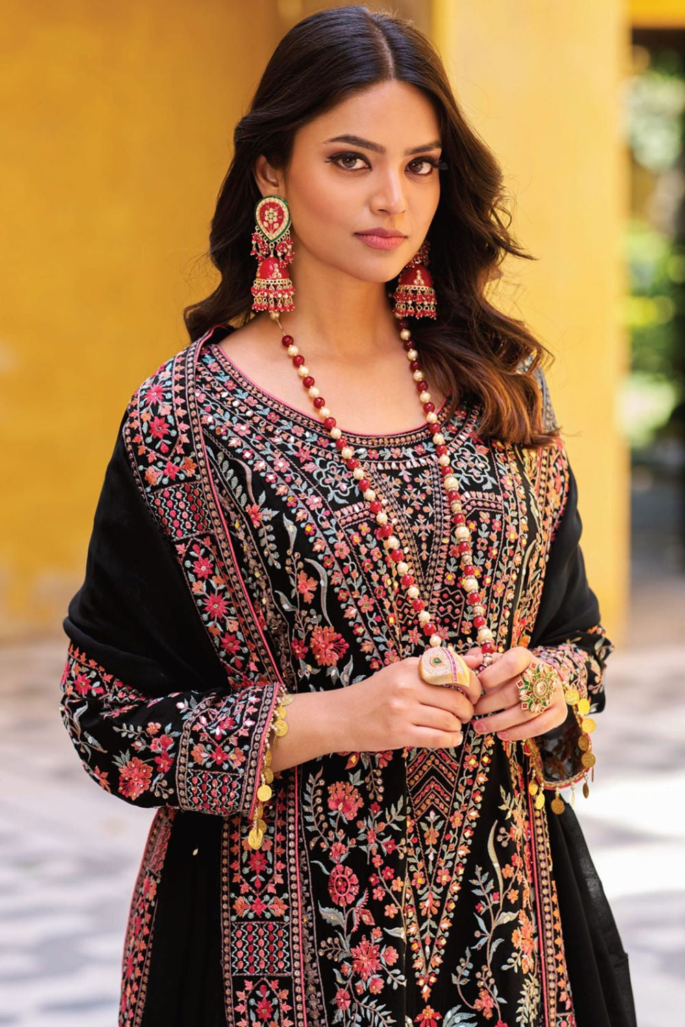 Heavy Embroidered Black Palazzo Suit