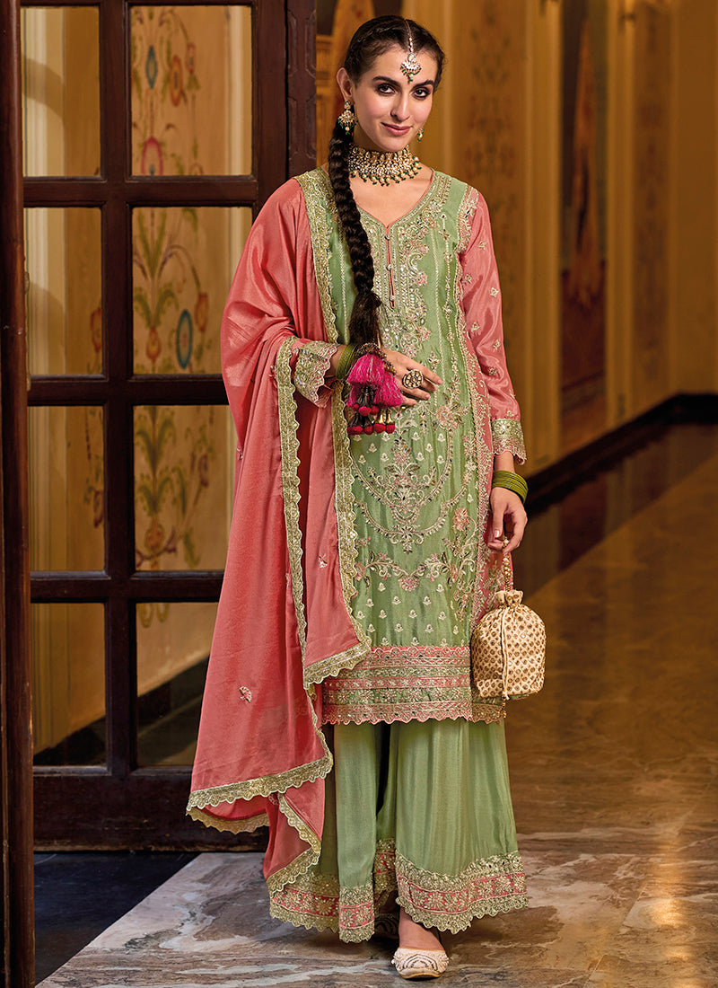 Heavy Chinnon Embroidered Lime Salwar Suit