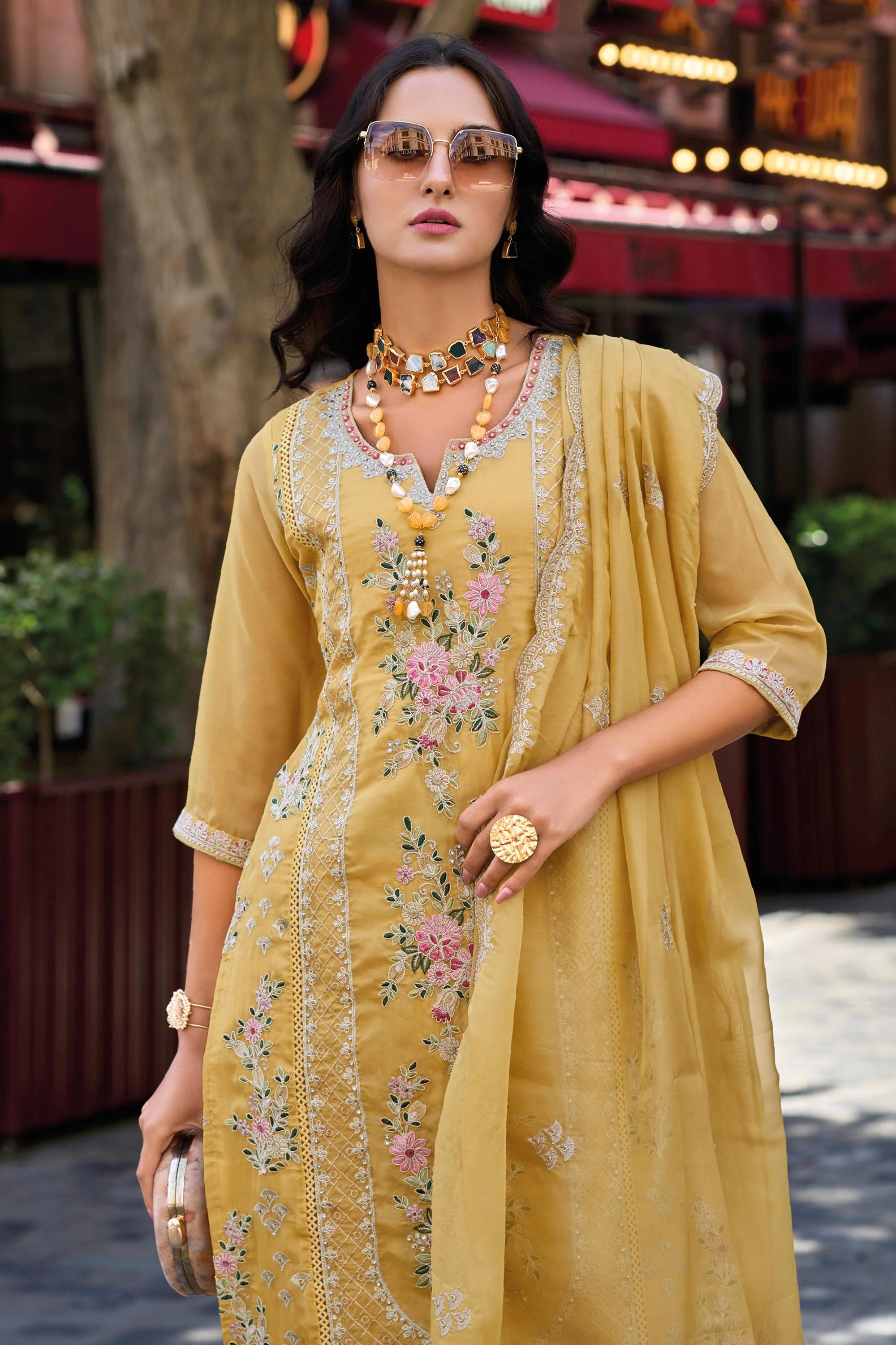 Mustard Floral Embroidery Salwar Suit