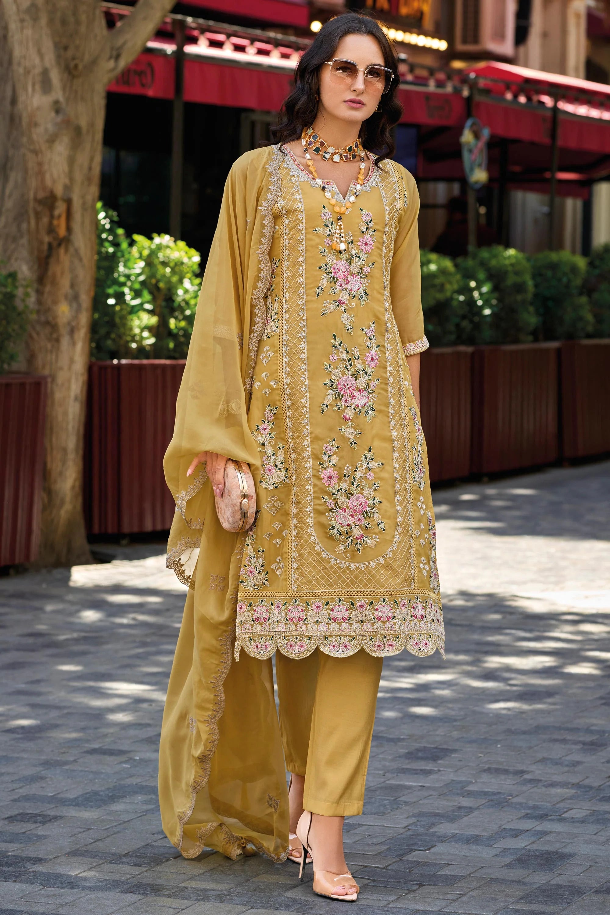 Mustard Floral Embroidery Salwar Suit