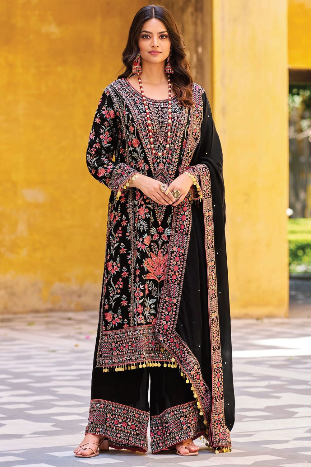 Heavy Embroidered Black Palazzo Suit