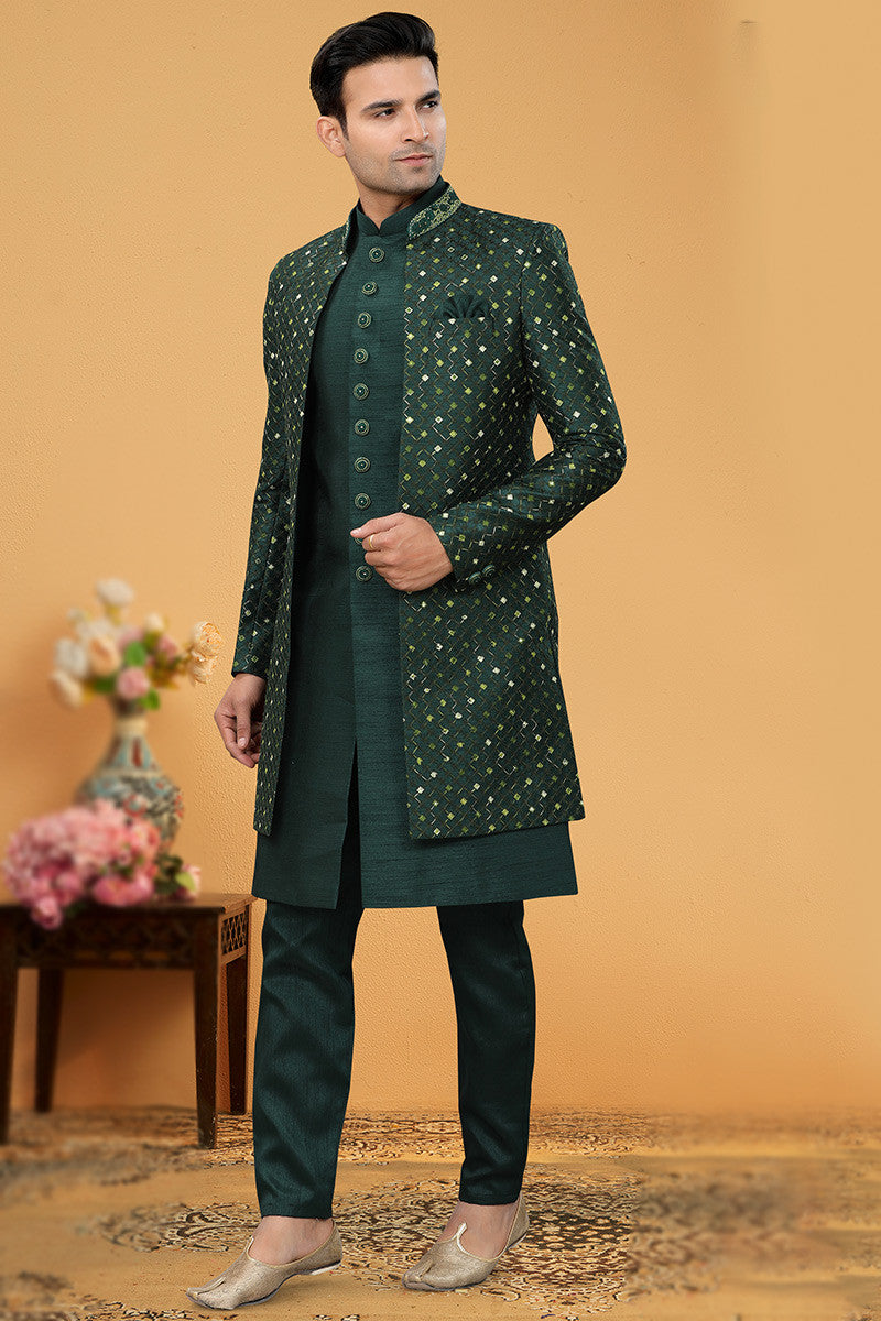 Green Wedding Wear Jacket Style Sherwani