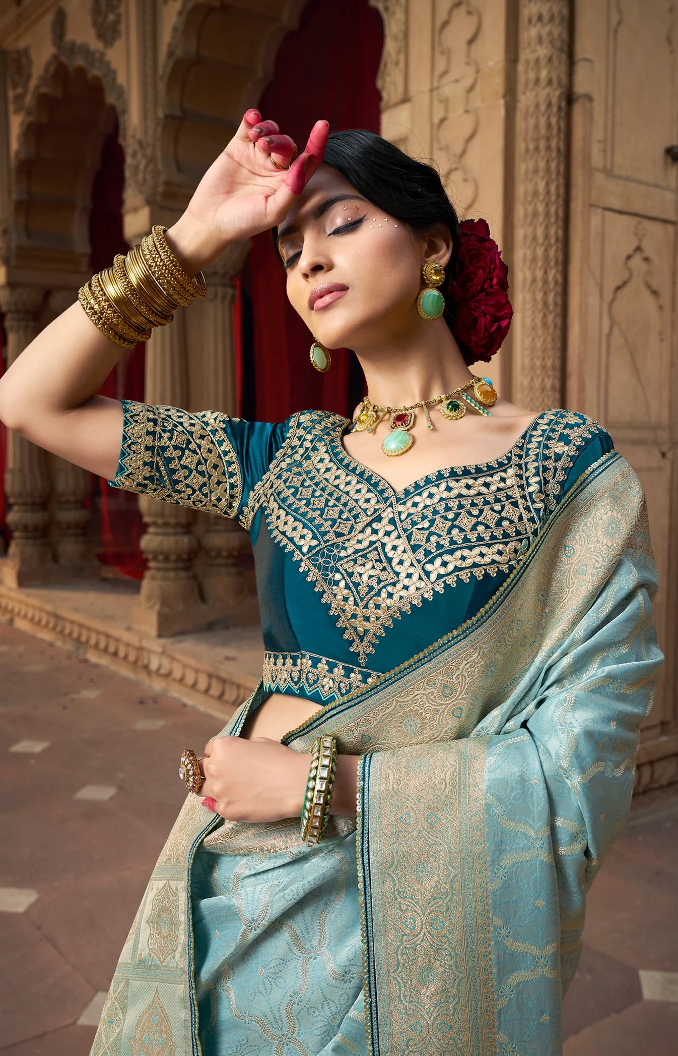 Sky Blue Satin Silk Contrast Saree