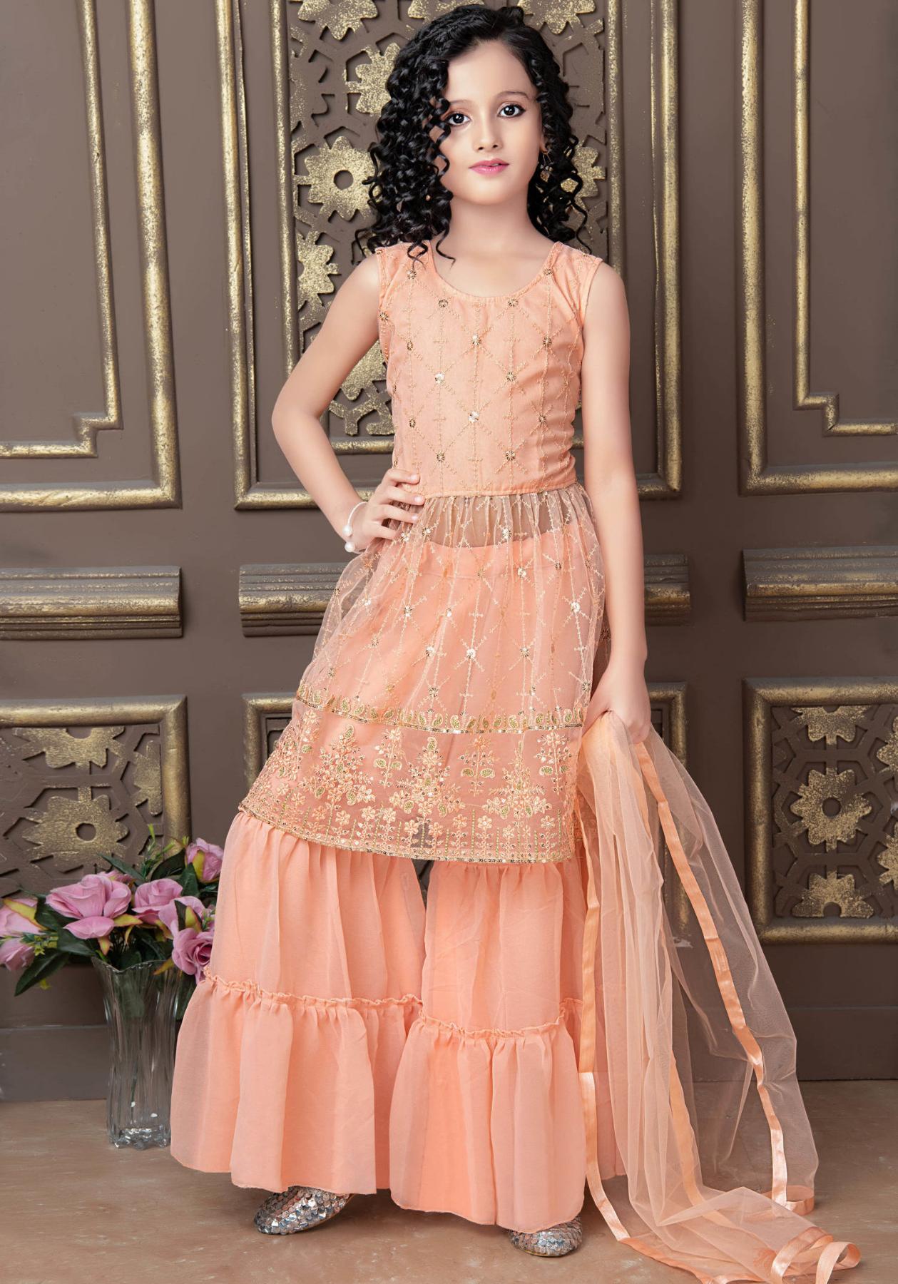Peachy Pink Kids Sharara With Dupatta
