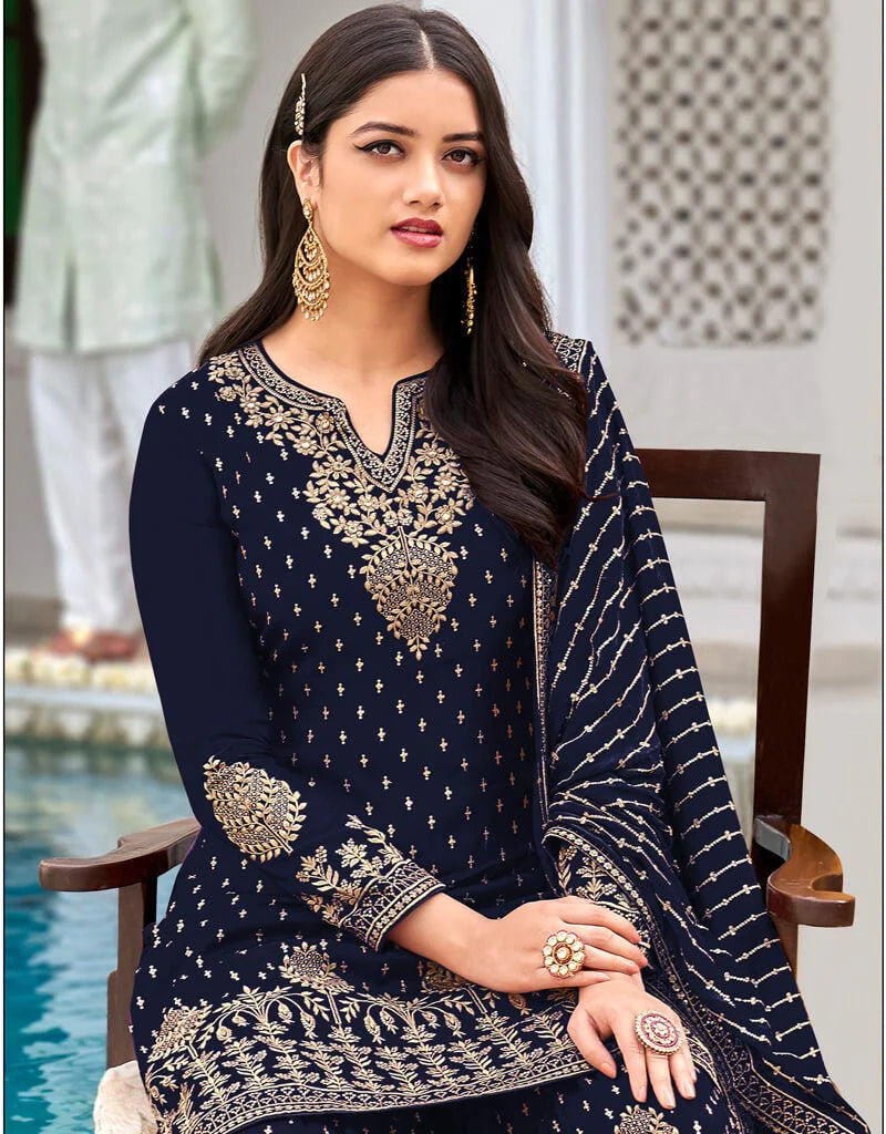Navy Blue Faux Georgette Palazzo Salwar Suit