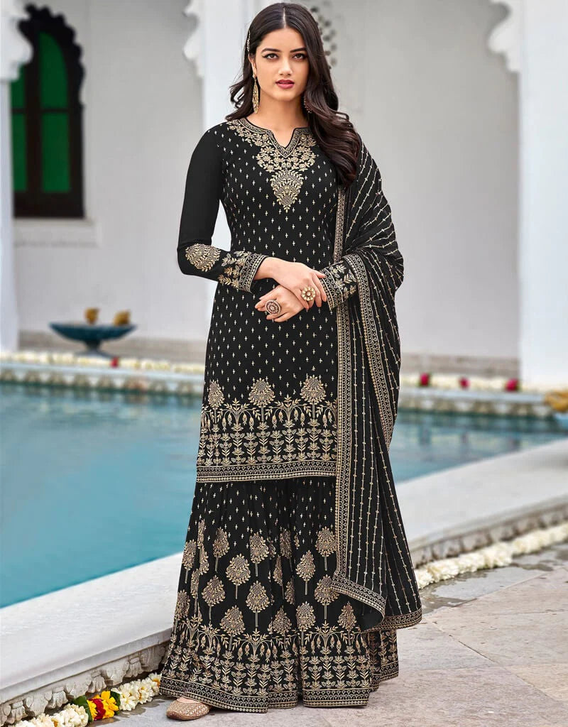 Black Faux Georgette Palazzo Salwar Suit