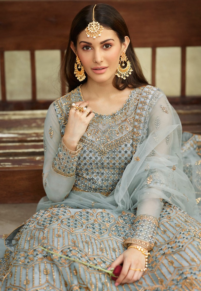 Embroidery Net Swarovski Work Anarkali Suit Sky Blue