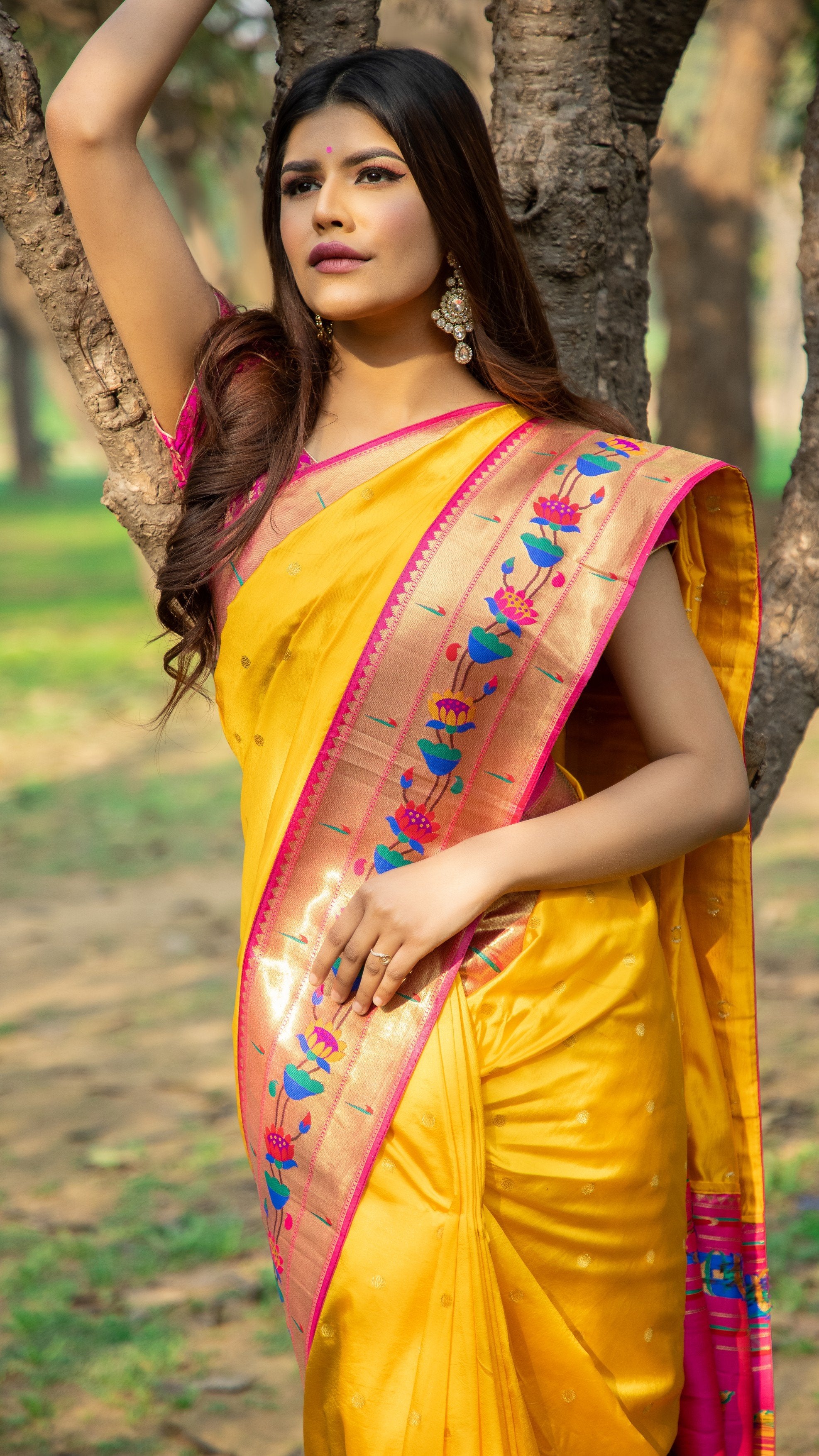 Reception Wear Pathani Silk Saree Yellow