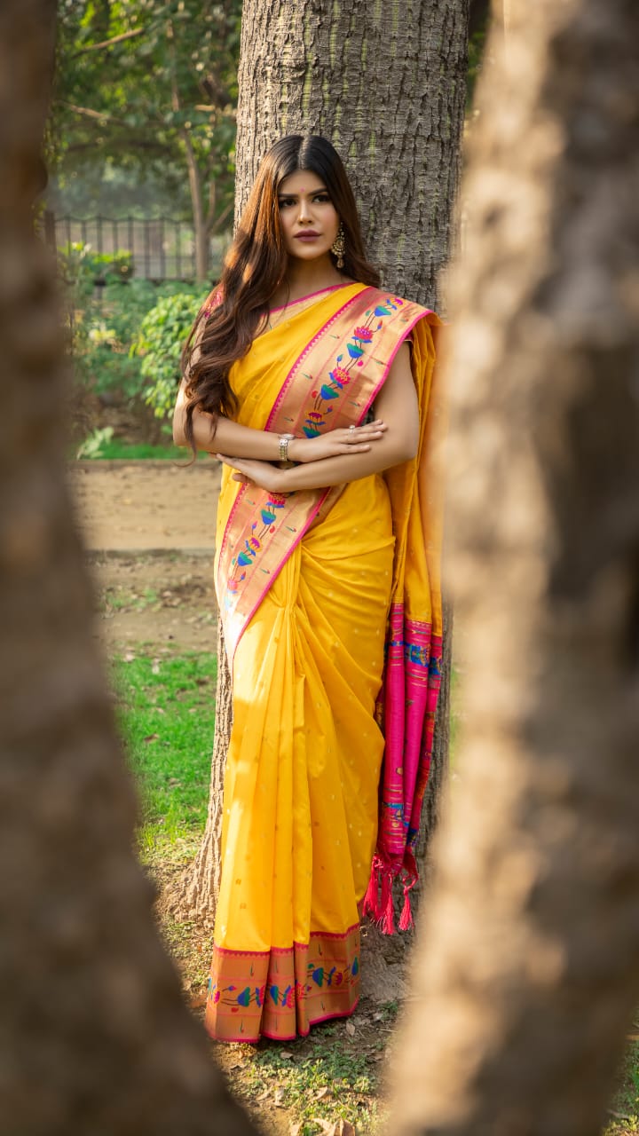 Reception Wear Pathani Silk Saree Yellow