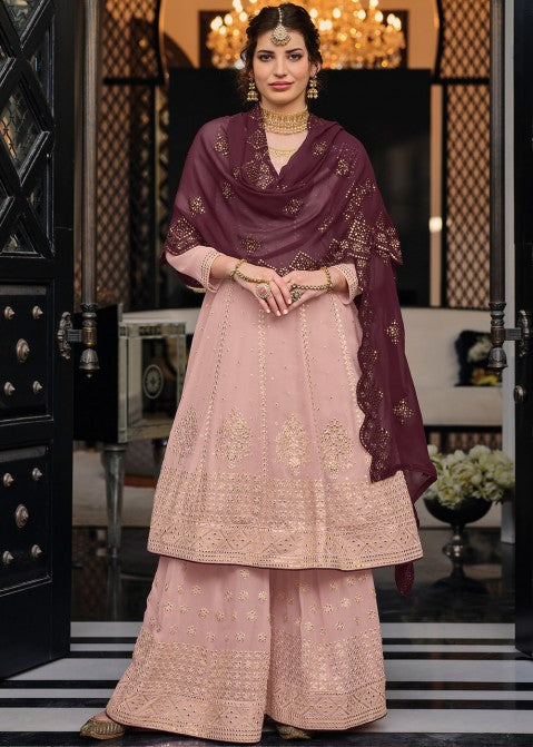 Pink Georgette Fabric Embroidered Designer Palazzo Suit