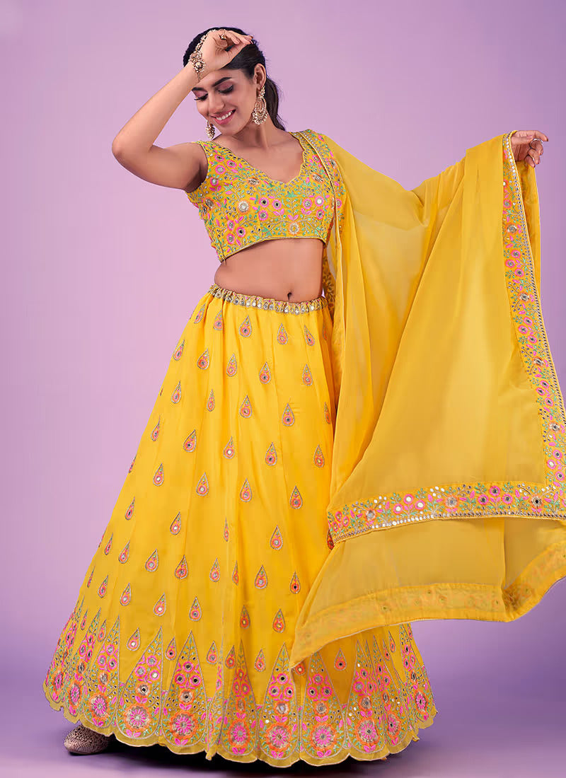 Thread With Mirror Yellow Georgette Lehenga Design