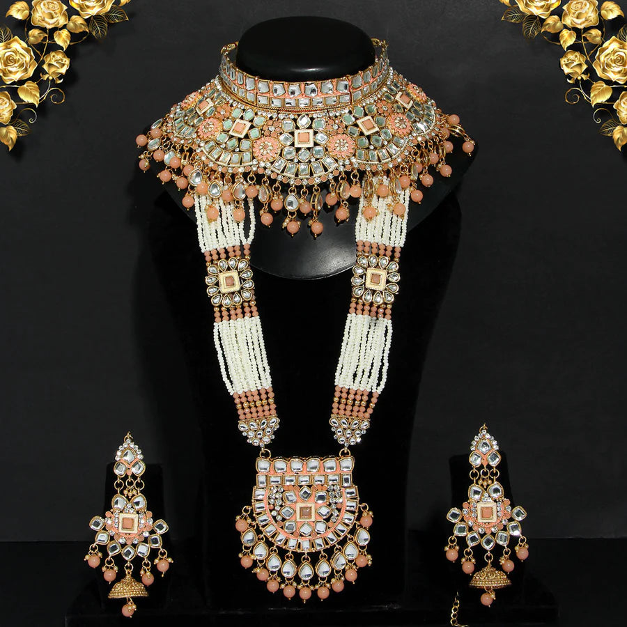 Beautiful Peach Color Mint Meena Kundan Dulhan Set