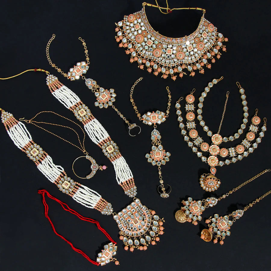 Beautiful Peach Color Mint Meena Kundan Dulhan Set