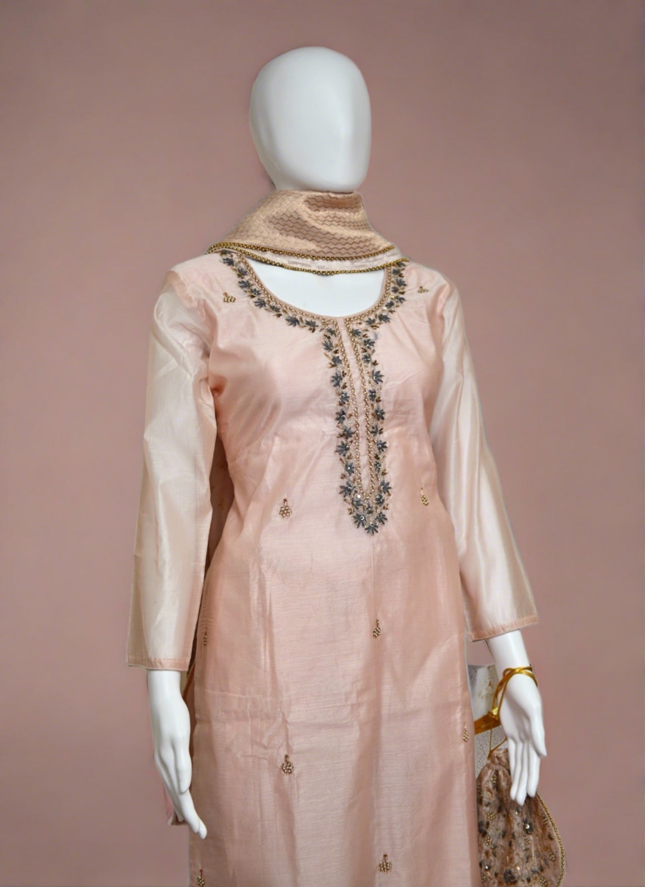 Peach Embroidered Salwar Suit with Pouch