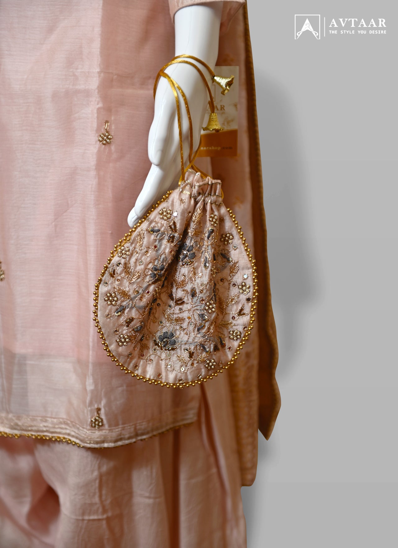 Peach Embroidered Salwar Suit with Pouch