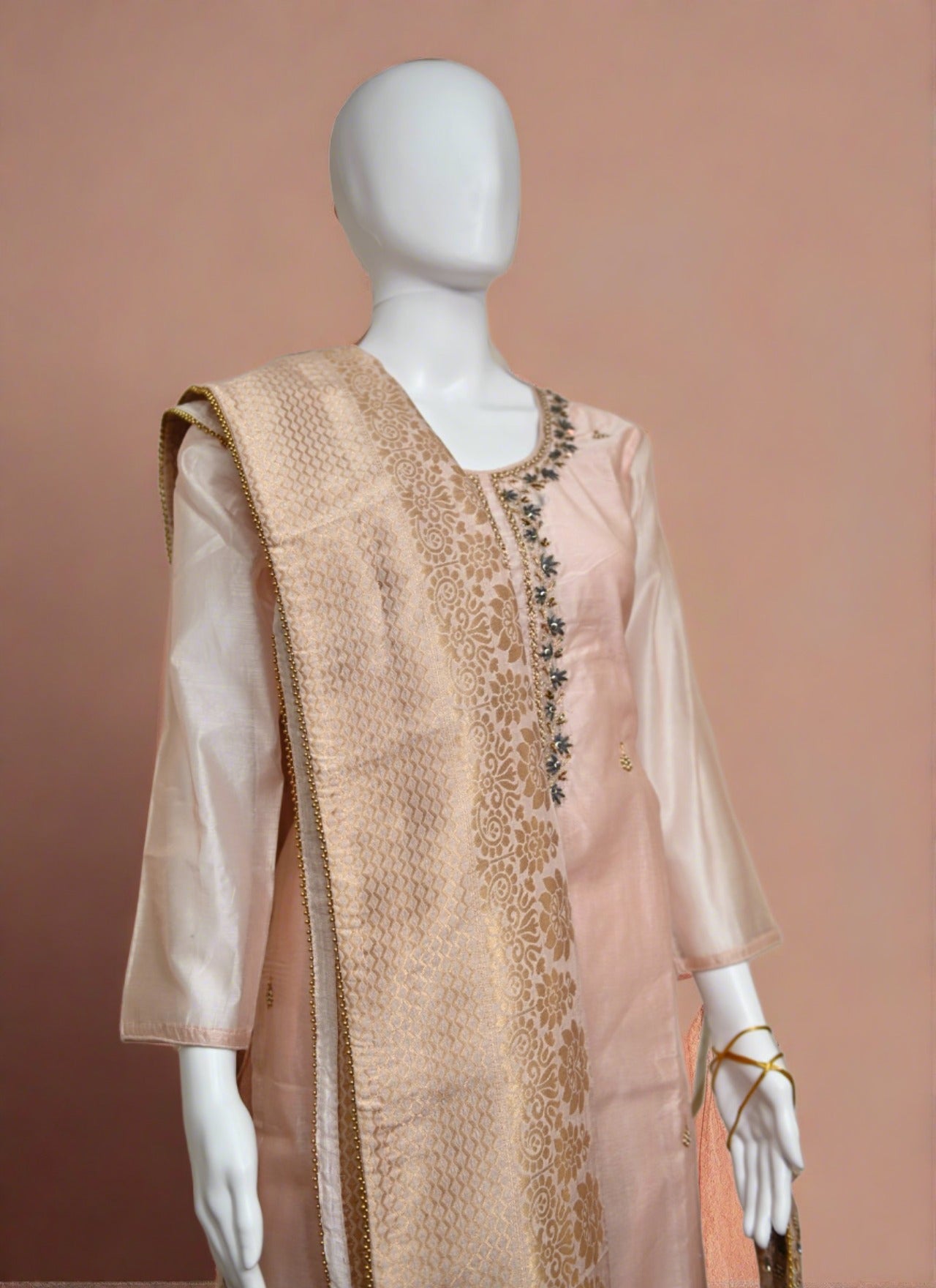 Peach Embroidered Salwar Suit with Pouch