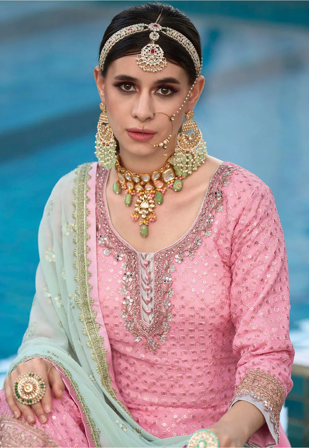 Embroidery Pink Color Palazzo Faux Georgette Salwar kameez