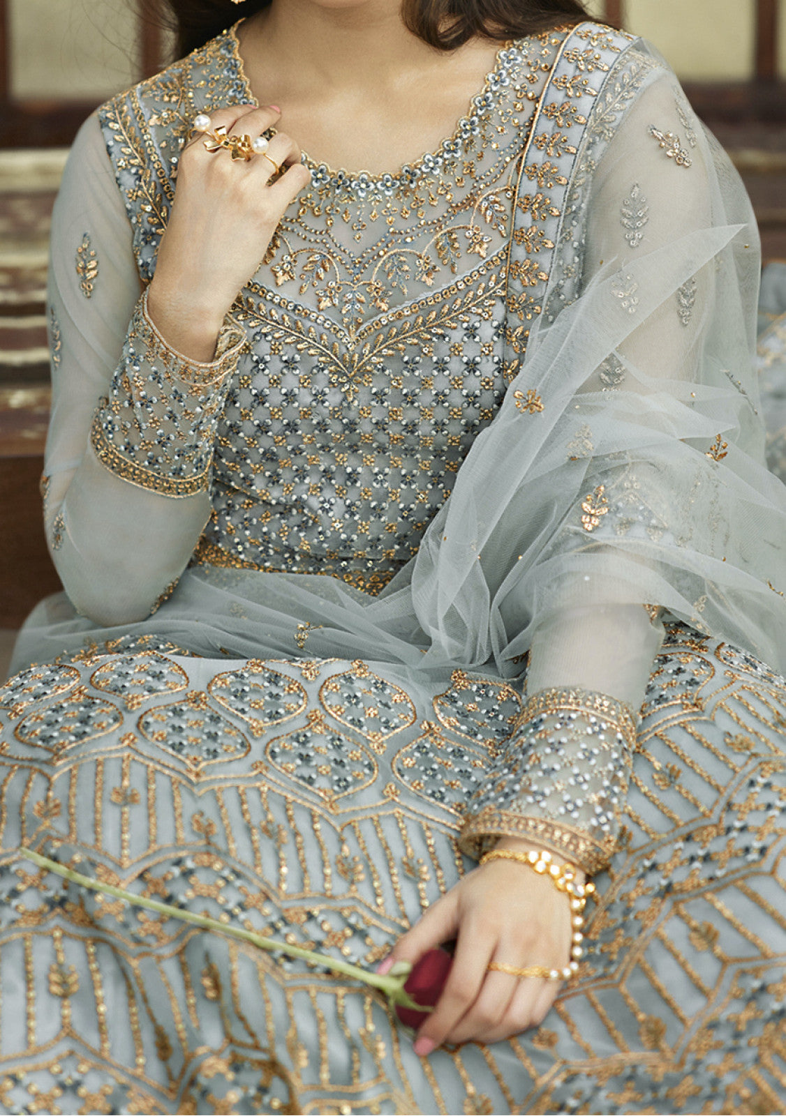 Embroidery Net Swarovski Work Anarkali Suit Sky Blue